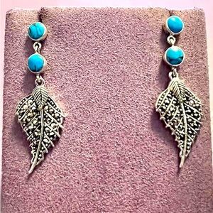 Sterling Silver Turquoise and Marcasite Leaf Dangle Earrings